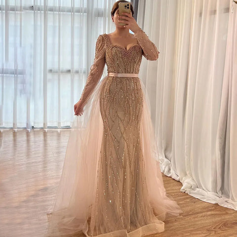 Vestidos de noche árabes elegantes con perlas y cuentas de lujo de sirena azul para mujer, ideales para bodas y fiestas LA71861 