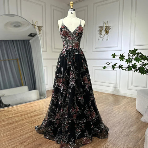 2025 Spaghetti Strap A-Line Black Beaded Luxury Prom Dress for Formal Occasion Saudi Arabic LA72773
