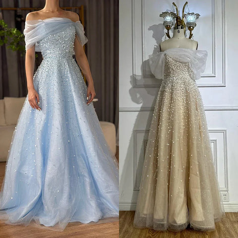 2025 Arabic Blue Off The Shoulder Beaded Elegant A-Line Long Evening Dresses Gowns for Formal Occasion LA72009A