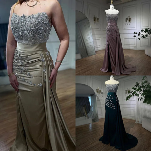 High Split With Skirt Mermaid Nude Sexy Strapless CRYSTAL Beaded Evening Dresses Gowns For Women Party 2025 LA72135