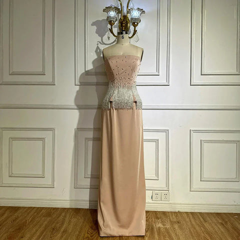 2025 Saudi Nude Pink Strapless Arabic Mermaid Evening Dresses Gowns Beaded Tassel for Occasion LA72804