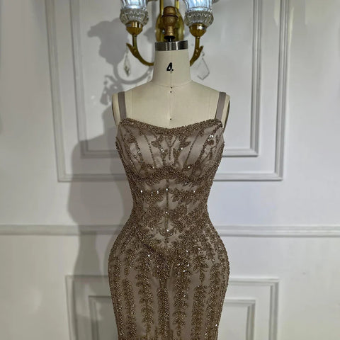 2025 Arabic Blue Spaghetti Strap Mermaid Gown Luxury Beaded Saudi Evening Dress for Formal Occasion LA72725