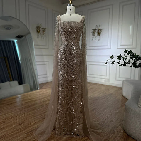 2025 Saudi Arabic Turquoise Mermaid Evening Dress With Pearls Beaded Cape Sleeves For Formal Occasion LA72590A