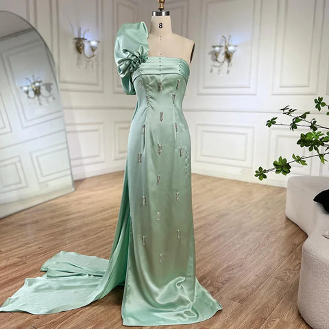 Arabic Sage Green One Shoulder with Cape Luxury Crystal Dubai Evening Dress Gowns for Women's Wedding Party LA72412