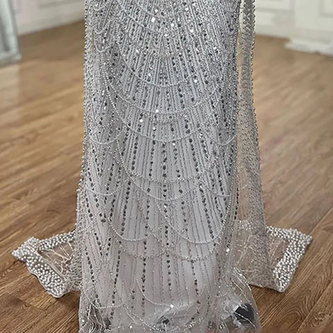 2025 Saudi Arabic Turquoise Mermaid Evening Dress With Pearls Beaded Cape Sleeves For Formal Occasion LA72590A