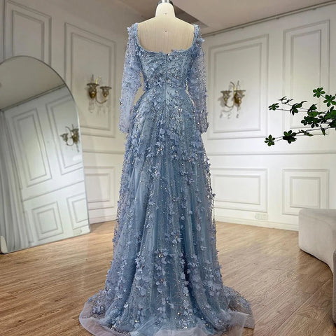 Arabic Gray A Line Elegant Appliques Luxury Beaded Evening Gowns for Women Wedding Party LA72657