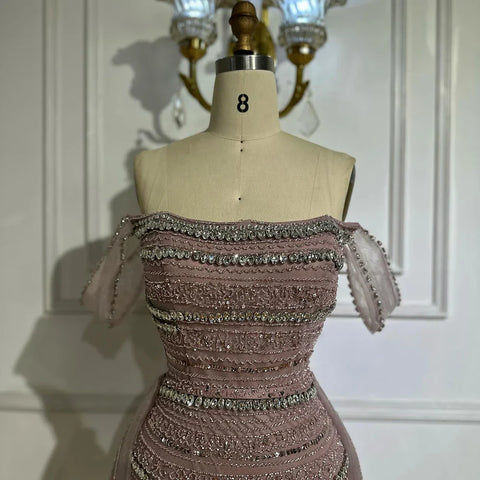 2025 Arabic Pink Mermaid Beaded Evening Gown with Detachable Satin Overskirt for Formal Occasion LA72781