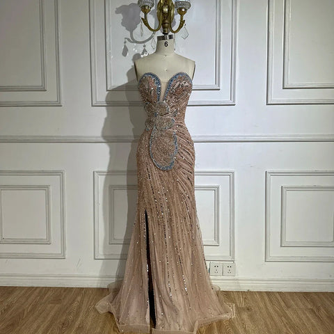 2025 Saudi Arabic Pink Strapless Mermaid Evening Dress with High Split for Formal Occasion LA72480