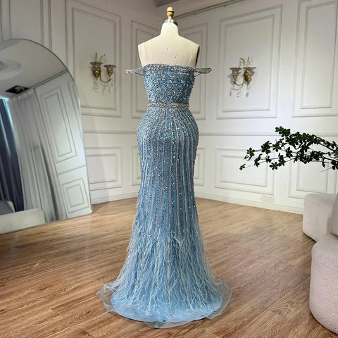 2025 Caramel Spaghetti Strap Mermaid Gown Feathers Beaded Luxury Saudi Evening Dress for Formal Occasion LA72715