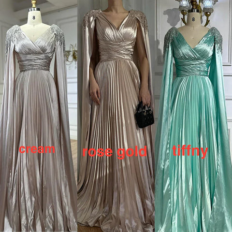 Rose Gold Beaded Satin A-Line Evening Dress Gown with Cape Sleeves LA72663
