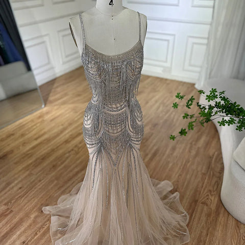 2025 Silver Nude Spaghetti Strap Mermaid Evening Dress Gown with Luxury Beaded Tassels for Formal Occasion LA72772