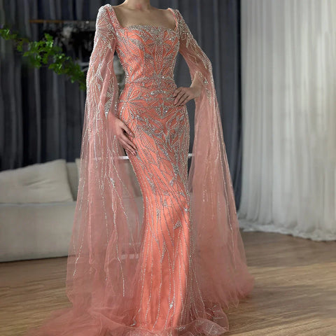 Nude Pink Luxury Evening Dresses with Cape Sleeves LA72261