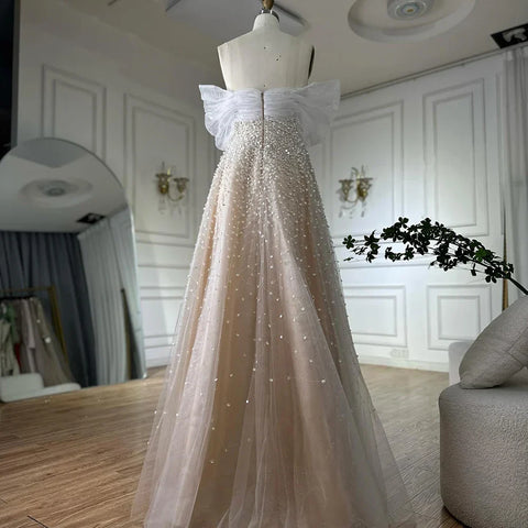 2025 Arabic Blue Off The Shoulder Beaded Elegant A-Line Long Evening Dresses Gowns for Formal Occasion LA72009A