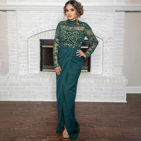 Moslim Groene Split Satin Élégant Avond Jurken 2025 Kralen Sirène Luxe Pour Vrouwen Party LA71556 