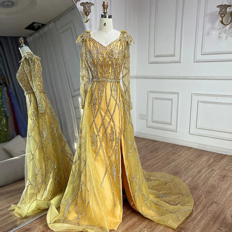 Robe de soirée sirène dorée musulmane avec jupe perlée, luxueuse robe de soirée de Dubaï, pour femmes, fête de mariage, LA72211, 2025 
