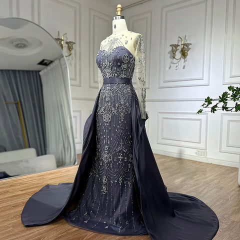 Luxury Beaded Blue Long Sleeves Evening Dresses with Overskirt  LA72757