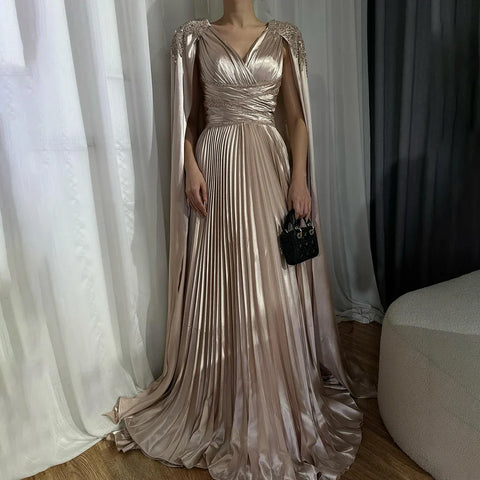 Rose Gold Beaded Satin A-Line Evening Dress Gown with Cape Sleeves LA72663