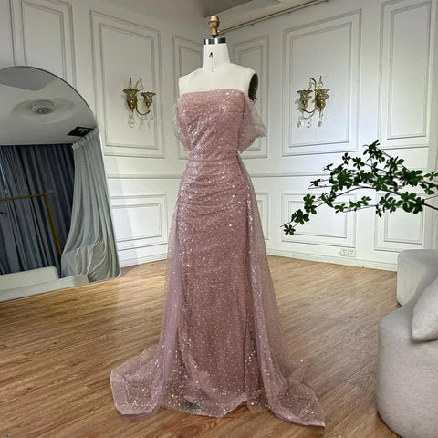 Customize 2025 Pink Elegant Saudi Mermaid Beaded Arabic Evening Dresses Gown For Formal Occasion LA72204A