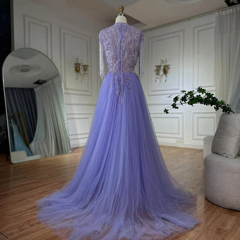 2025 Arabic lilac Elegant A Line Beaded Tassel Luxury Dubai Evening Dresses Gowns for Woman Wedding Party LA72422