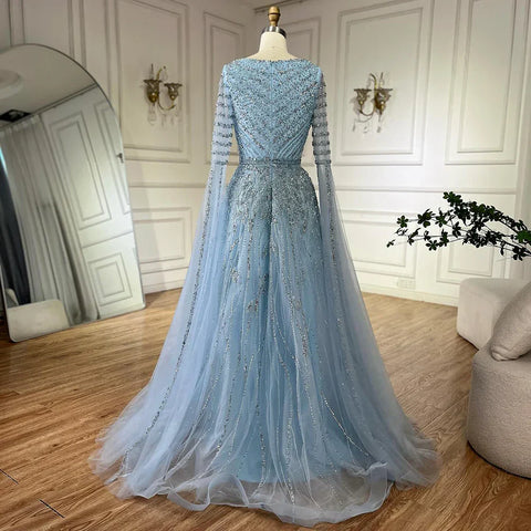 2025 Arabic Caramel Elegant A-Line Beaded Long Evening Dresses Gowns with Cape Sleeves for Formal Occasion LA72750