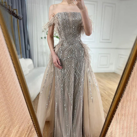 2025 Blue Mermaid Gown Luxury Feathers Beaded Saudi Evening Dress with Overlay Skirt for Formal Occasion LA72727