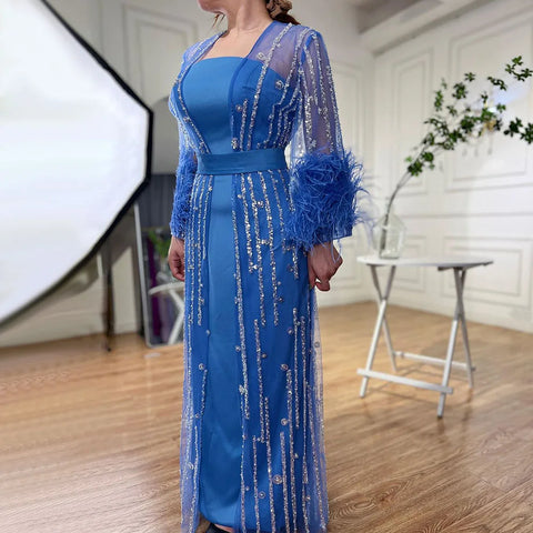 Robe de soirée style caftan marocain, ligne A, plumes et perles, couleur crème, avec veste, LA71759 