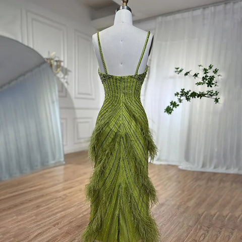 On Sale no return no refund Yellow Green Feathers Mermaid Sundress Evening Gowns Beaded Ankle Length Party Drsses 2025 For Women LA72055