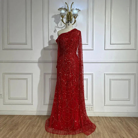 Nude Mermaid One Shoulder Pearls Beaded Luxury Evening Dress Gown LA72139