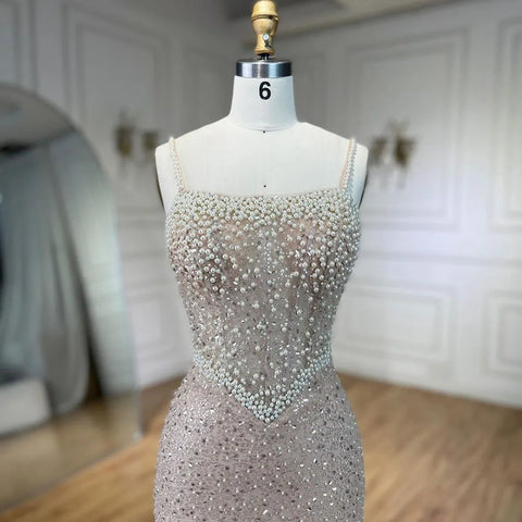 Nude Mermaid Evening Gown - Elegant, Luxurious, Pearls Beaded. Perfect for Women's Wedding Party in 2025. LA72321