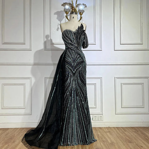 2025 Arabic Blue One Shoulder Luxury Dubai Evening Gown with Side Overskirt Beaded Dress for Women's Party LA72662