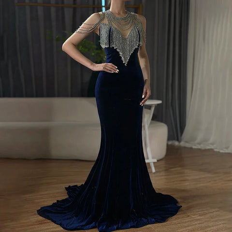 On Sale no return no refund Sale 2025 Sleeveless Beading Tassel Mermaid Evening Dresses New Red Velour Sexy Elegant Evening Gowns LA6586