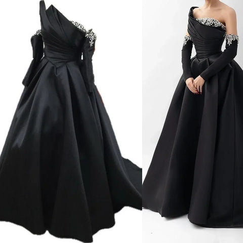 2025 Black One Shoulder Satin A Line Beaded Evening Gown with Sleevelets for Women's Party Saudi Dress LA72741