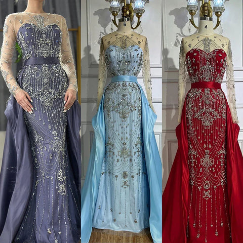 Luxury Beaded Blue Long Sleeves Evening Dresses with Overskirt  LA72757