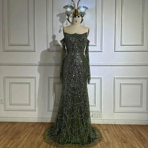 Luxury Pearls Green Mermaid Evening Dress with Gloves LA72352 Plush Size