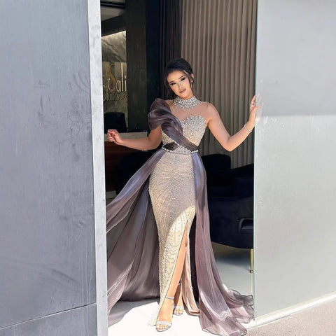 Luxury Beaded Arabic Evening Dress with Slit LA72769