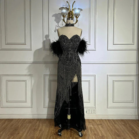 Silver Nude Strapless Mermaid Open Split Sexy Evening Dresses Luxury Beaded Tassel Party Gowns For Women LA72083