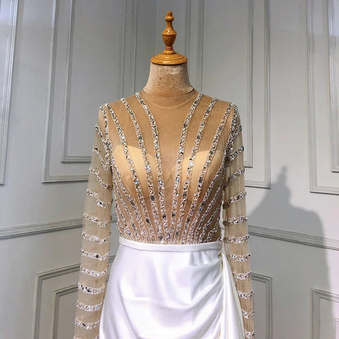 White Long Sleeves Mermaid Split Evening Dresses Design 2025 Beaded Luxury Elegant For Women Party LA71531