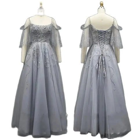 Arabic Gray A Line Luxury Dubai Evening Dresses Gowns 2025 Beaded Lace Up For Women Wedding Party LA72256