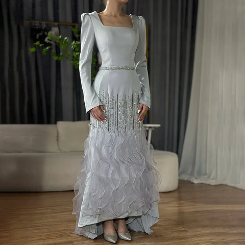 Arabic Gray Mermaid Elegant Ankle Length Beaded Satin Luxury Evening Dresses Gowns For Women Party 2025 LA72317