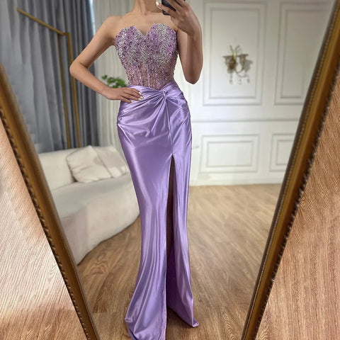 Robe de soirée de luxe style sirène lilas, fendue, sans bretelles, avec perles, style arabe, pour femmes, fête de mariage, 2025, LA72329