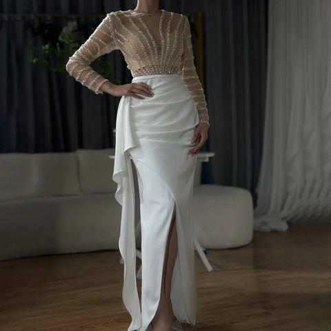 White Long Sleeves Mermaid Split Evening Dresses Design 2025 Beaded Luxury Elegant For Women Party LA71531