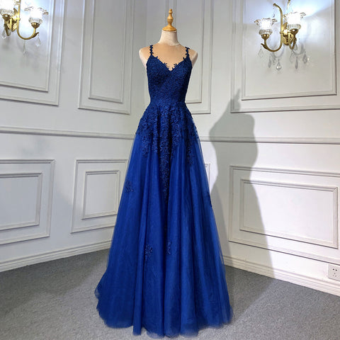 Navy Blue Mermaid Elegant Spaghetti Strap Evening Dresses Gowns 2025 Backless Lace Up For Women Party LA71641
