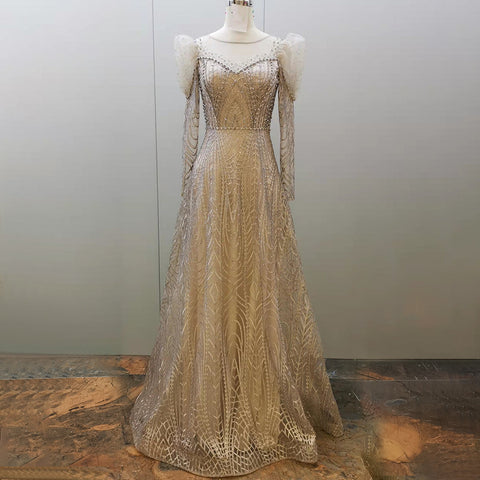Vestidos de noche musulmanes con cuentas doradas, estilo lujoso, corte en A, mangas abullonadas, para mujer, ideales para fiestas (LA71657) 