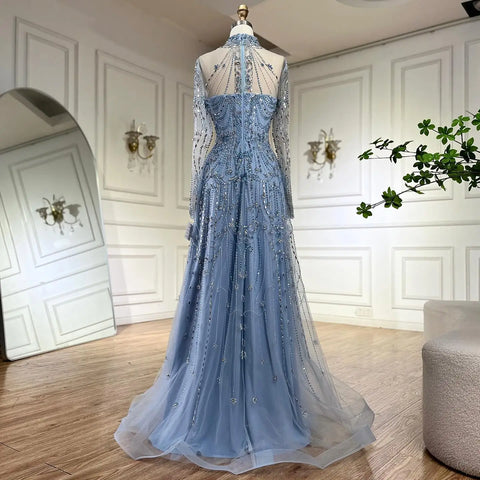 2025 Arabic A-Line Blue Lace Beaded Luxury Evening Gowns for Women's Party Dubai LA72704