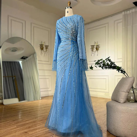 2025  Arabic Elegant Blue Beaded Saudi Evening Dresses Gowns for Formal Occasion LA72822
