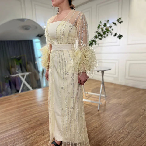 Robe de soirée style caftan marocain, ligne A, plumes et perles, couleur crème, avec veste, LA71759 