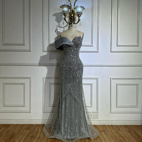 2025 Arabic Green Mermaid Elegant One Shoulder Beaded Long Evening Dresses Gowns for Formal Occasion LA72650