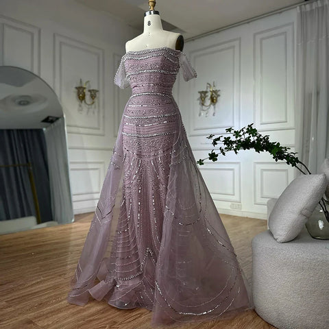 2025 Arabic Pink Mermaid Beaded Evening Gown with Detachable Satin Overskirt for Formal Occasion LA72781