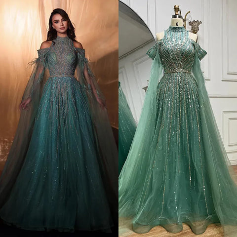 2025 Arabic Turquoise Cape Sleeves A-Line Beaded Feathers Long Evening Gowns for Women Wedding Party LA72644