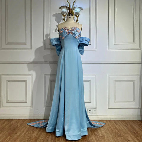 2025 Arabic Strapless Blue Beaded A-Line Saudi Evening Gown for Formal Occasion LA72792